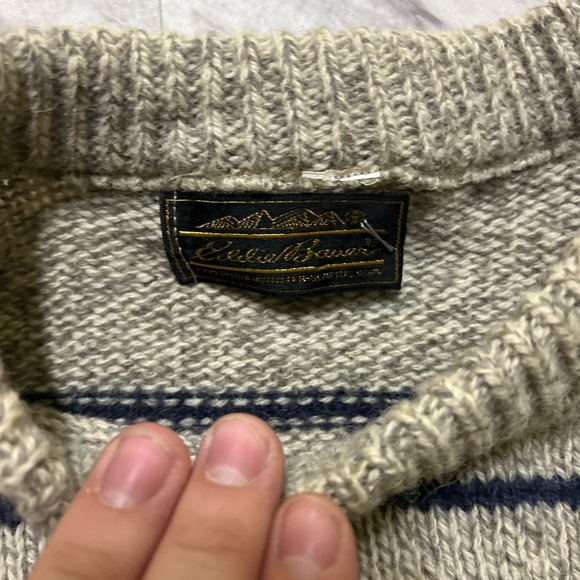 Vintage 90s Eddie Bauer Mens Large Gray Wool Striped Crewneck Sweater USA - Picture 2 of 2